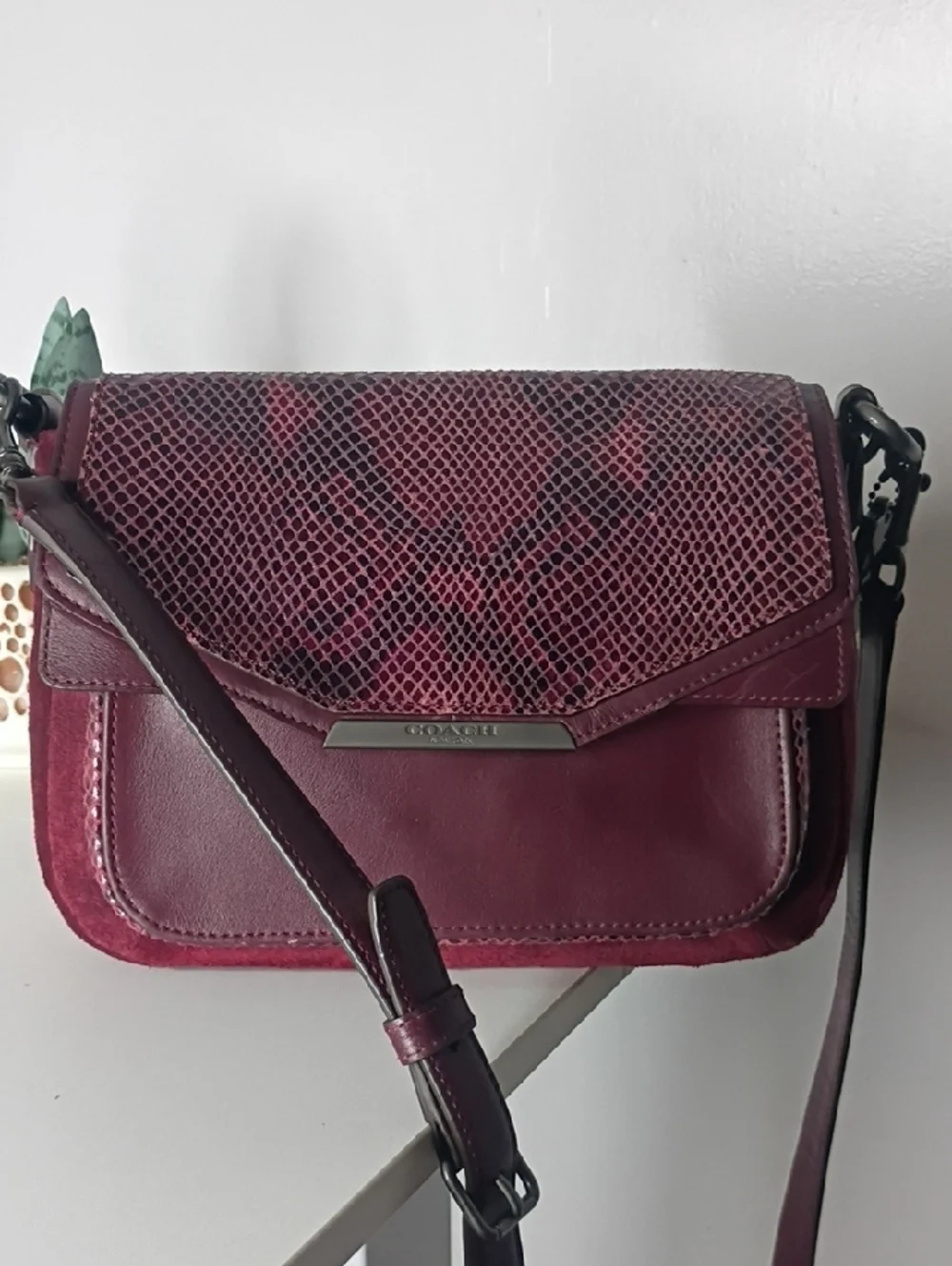 Coach Taylor Burgundy Suede & Exotic Python Flap Crossbody Bag Purse - Picture 4 of 13